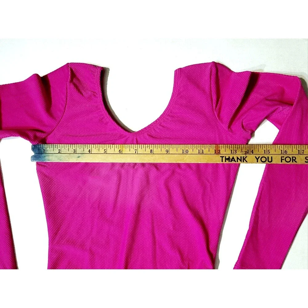 GK Elite VTG 90s AS Bright Pink Waffle Leotard Stretch Long Sleeve NWT Adult S